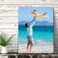 Canvas Print with family photo wrapped around edges, standing on mantlepiece