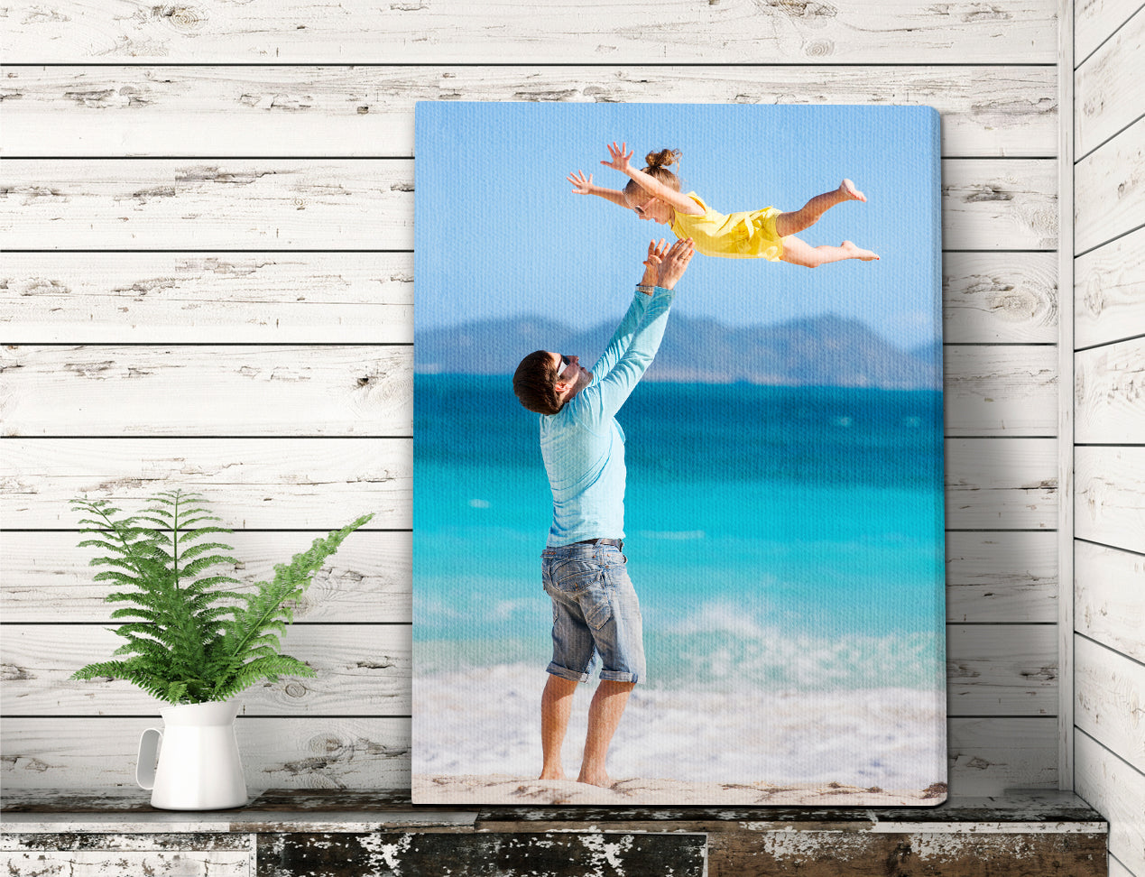 Canvas Print with family photo wrapped around edges, standing on mantlepiece