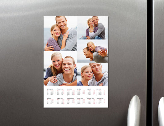 Calendar Magnets example shown on a fridgle. An A4 Magnet, showing the Calendar grid on the lower part and customisable image section on top.