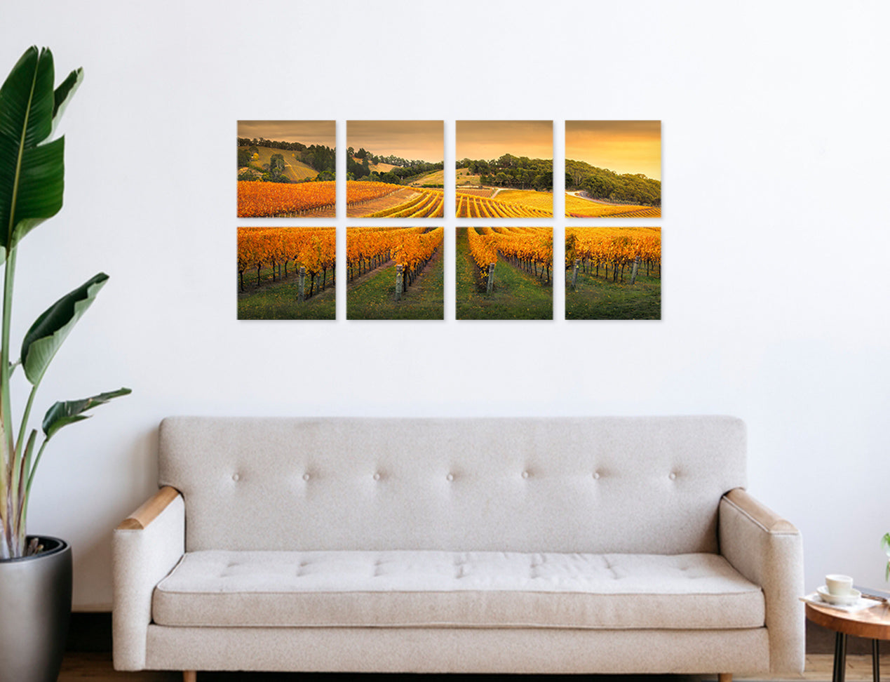 Wall Gallery of 8 Photo Tiles in 2x4 grid, one panorama photo stretched across all photo tiles