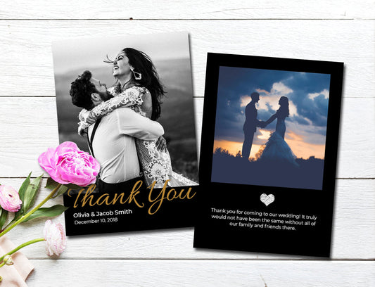 Flat laying Thank You Card, showing both the Front Side with Thank You message and backside with wedding picture and text.
