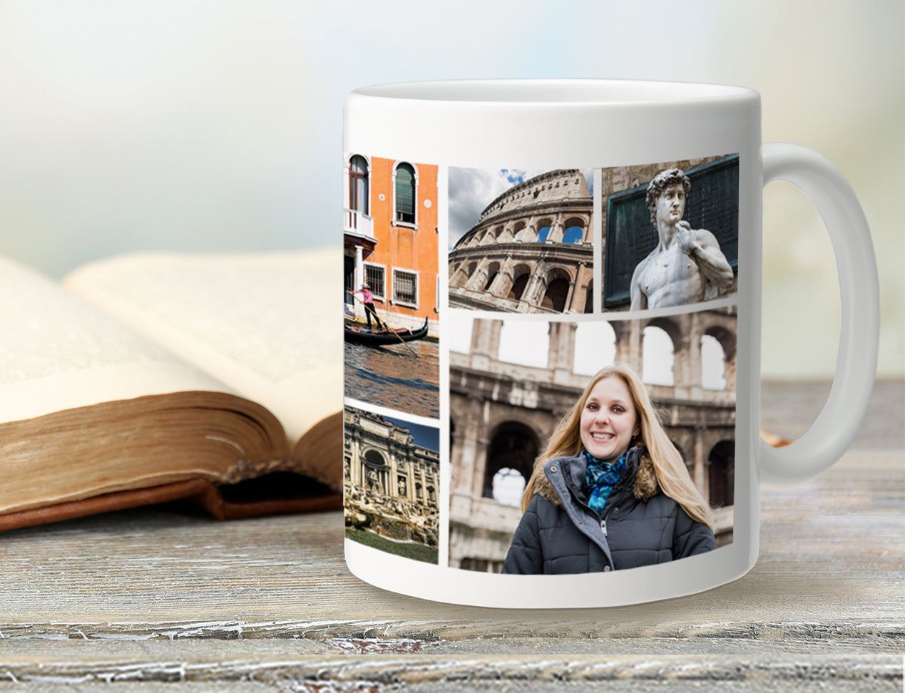 Collage Photo Mug with holiday pictures standing on table