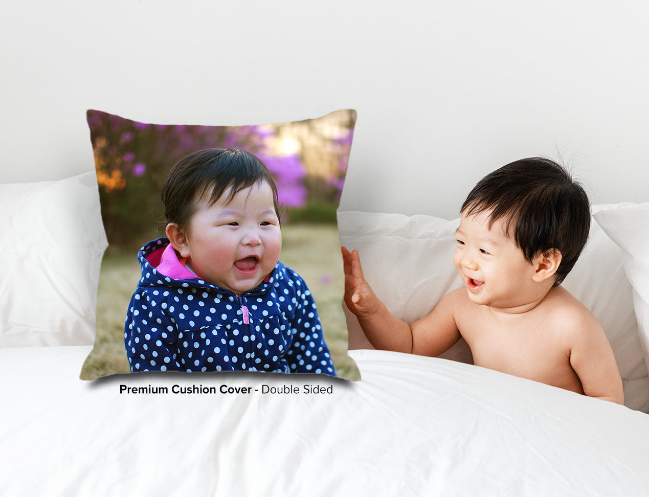 Kid laughing at seeing his own photo on cushion cover