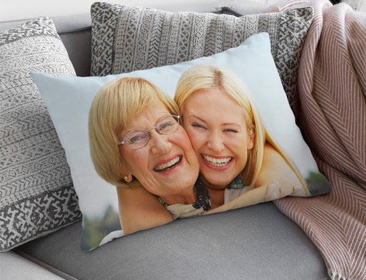 Custom Pillow Case personalised with picture women and her mom. Displayed on Sofa.