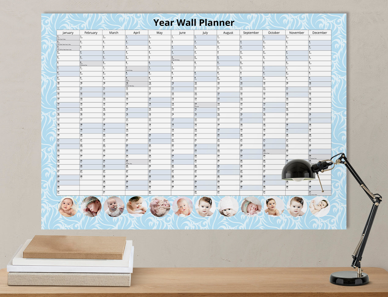 Family Wall Planner hanging on wall - customised with family images