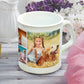 Fine China Coffee Mugs, sitting on table, customised with collage of images.