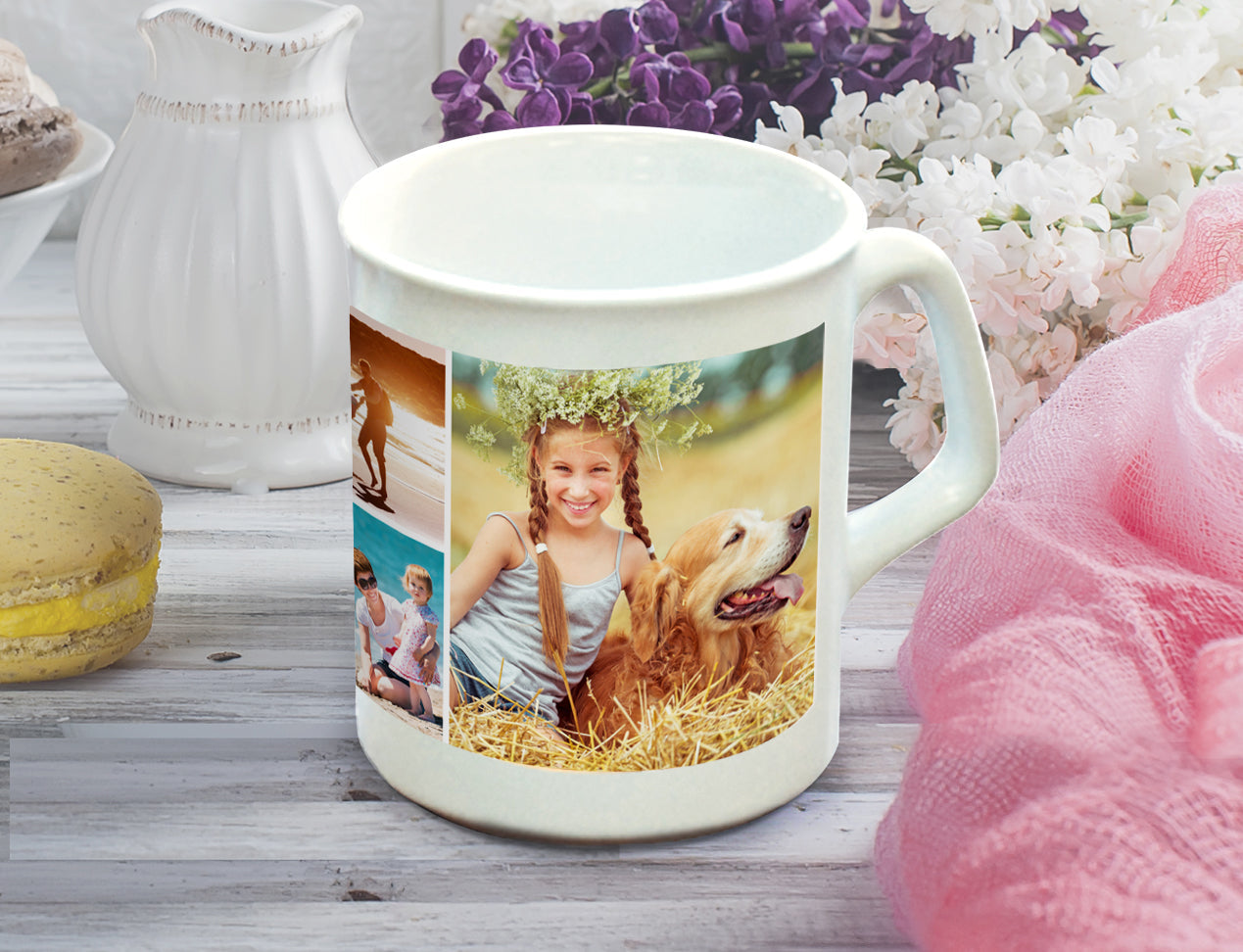 Fine China Coffee Mugs, sitting on table, customised with collage of images.