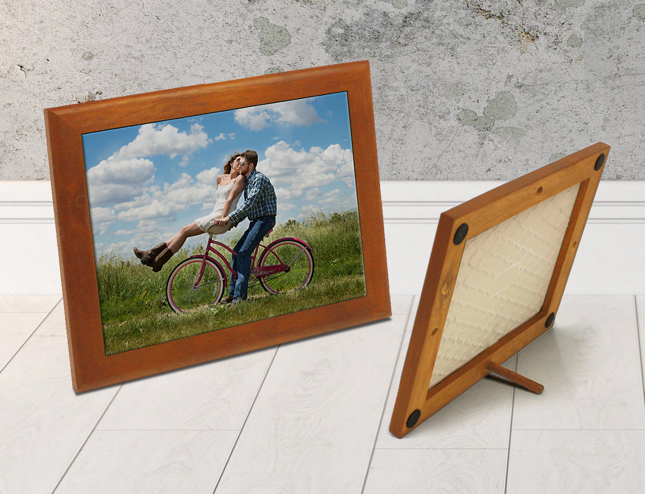 Ceramic Photo tile with wooden frame on table