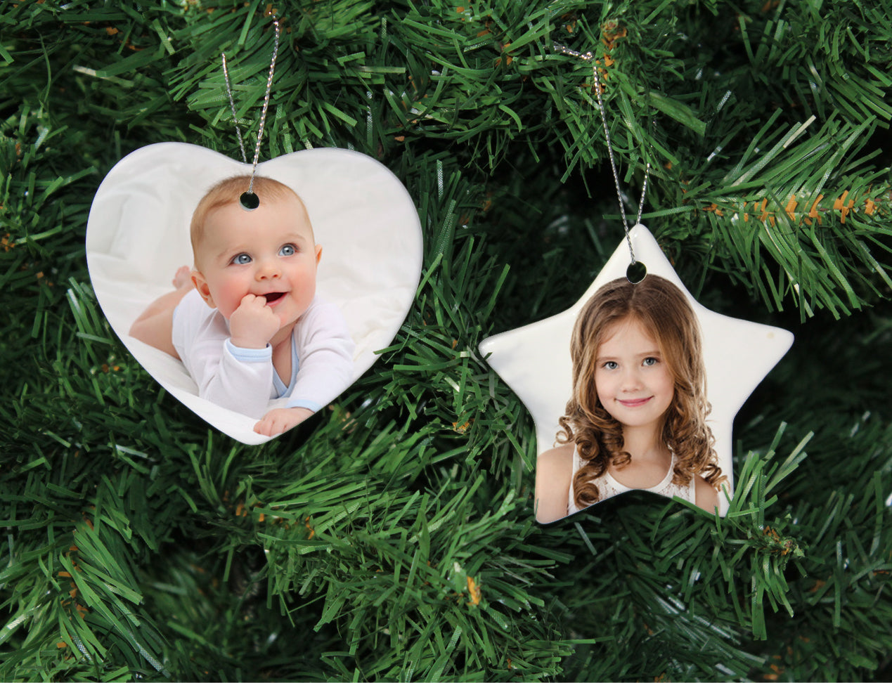 Personalised Christmas Decoration in heart and star shaped on Christmas tree