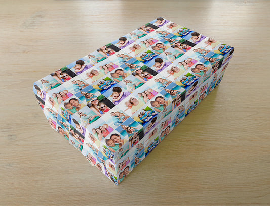 Present wrapped in with Personalised Gift Wrap showing collage of images