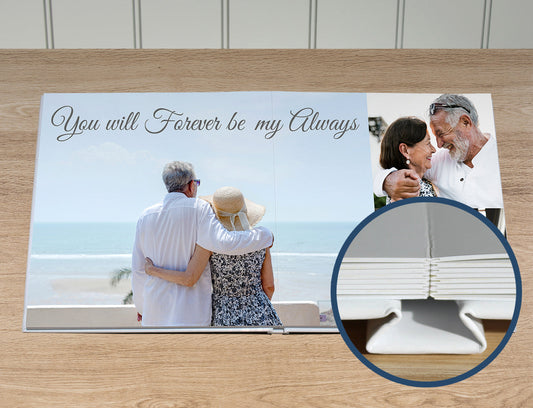 A Seamless Hard Cover Photo Book - Board on display and close-up shot. Great as an Anniversary Photo Book.