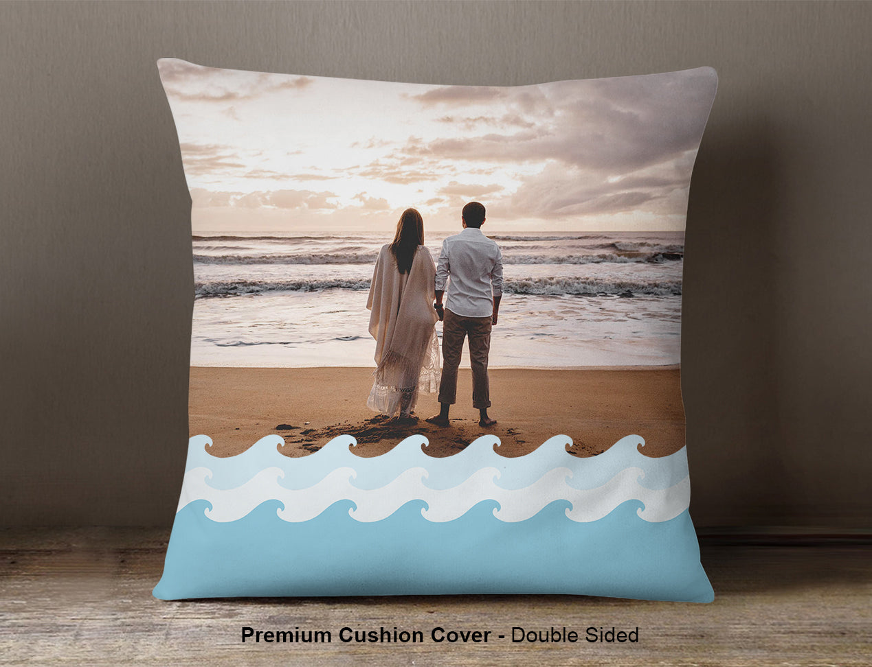 Premium Cushion cover with image of couple on beach and wave design
