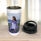 Tall Travel mug, personalised with Photo. Shown with lid open and revealing stainless steel material