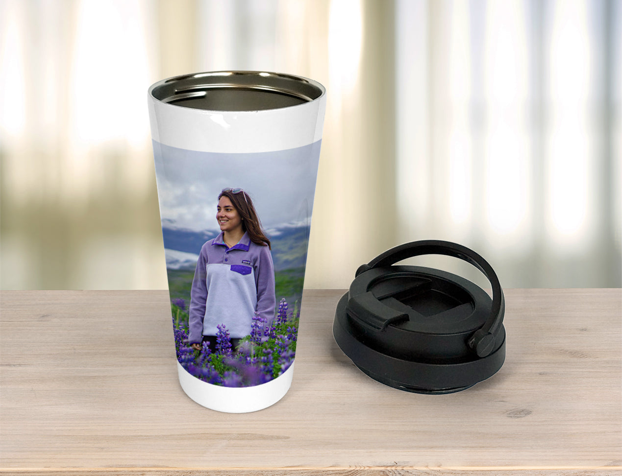 Tall Travel mug, personalised with Photo. Shown with lid open and revealing stainless steel material